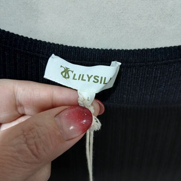 Lilysilk Vivi Dress Womens Large Black Silk Knit Pleated Midi Long Sleeve NWT - Picture 7 of 15